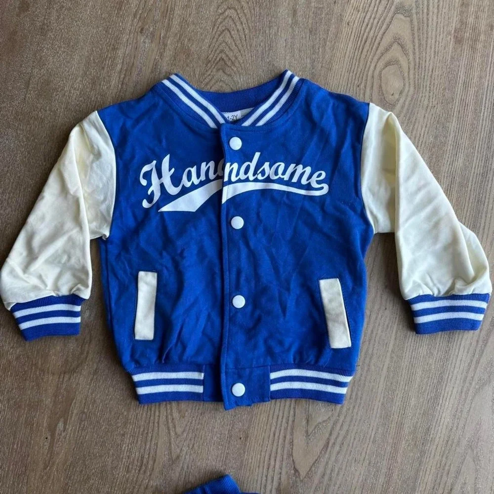 Blue Varsity Jacket Tracksuit 2 Piece Set Handsome Cool Boy Kids Size 1-2Y